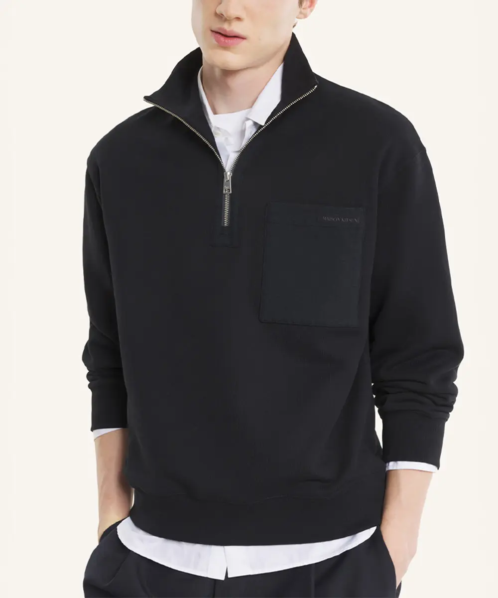 MAISON KITSUNÉ 石墨黑單口袋舒適拉鍊半開襟衛衣/中性/男裝/ M