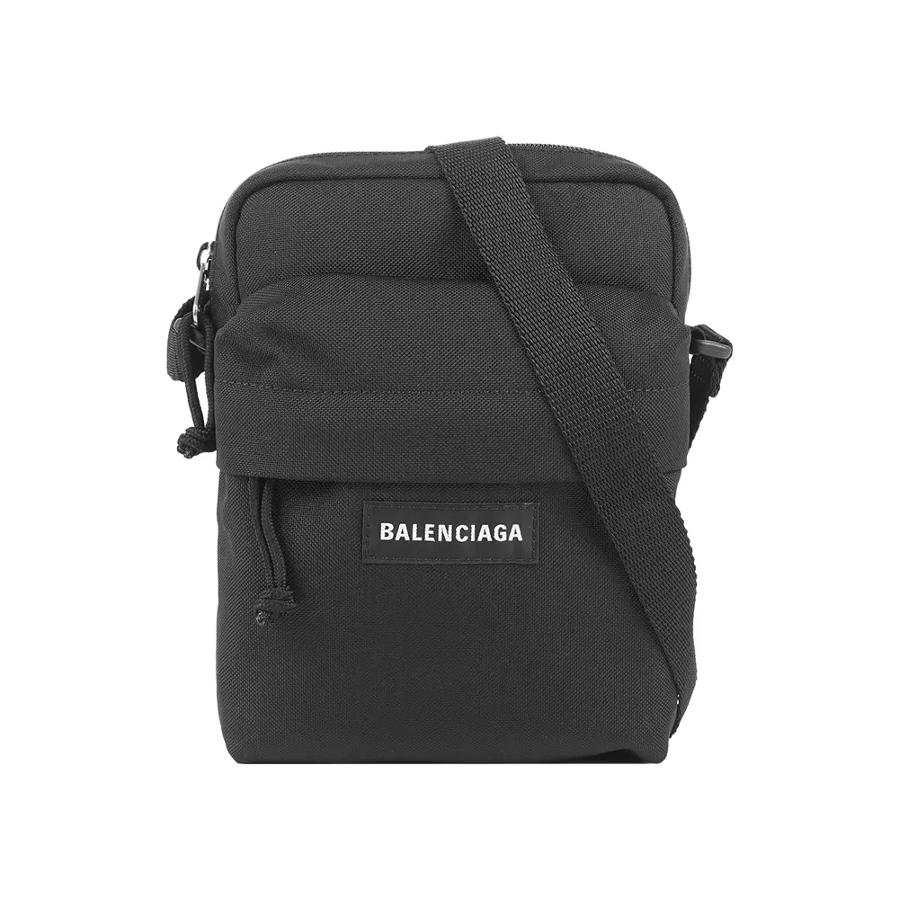 【BALENCIAGA】Explorer 白字標誌尼龍拉鍊口袋小斜背包(黑色)/ 平行輸入