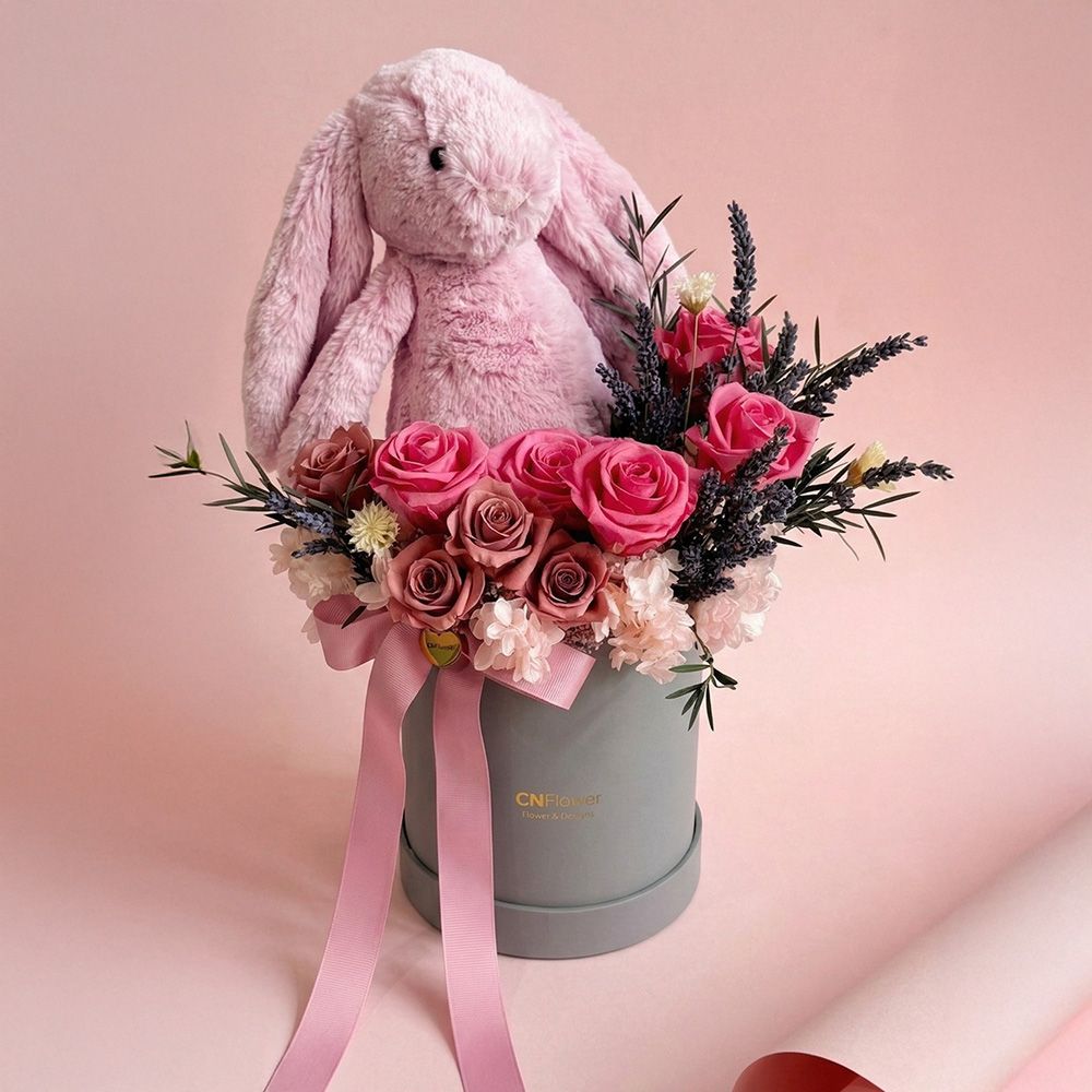 結帳9折優惠▶︎CNFlower西恩 柔光花園 恆星花禮 (Jellycat粉嫩粉兔31CM) 永生花 居家擺飾 母親節