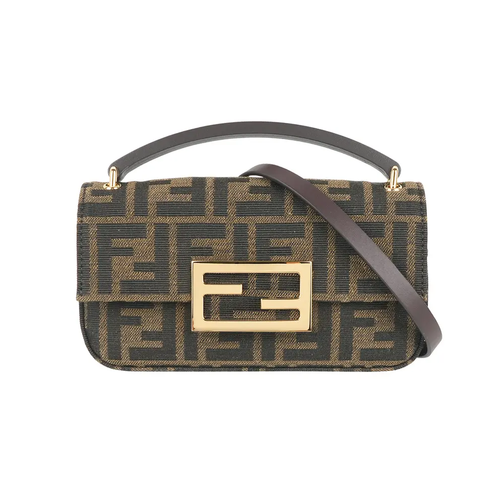 【FENDI】FF Logo Baguette 緹花布法棍手機包/二用包(棕色)/ 平行輸入