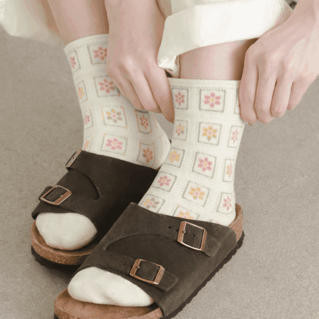 日本 Tabio 森林系涼感拼布網眼中筒襪/ 01/ Off White