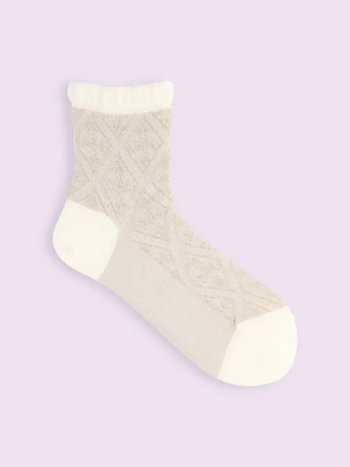 【日本 Tabio】 荷葉中筒襪口菱格紋浮織中筒襪/ 01/ Off White