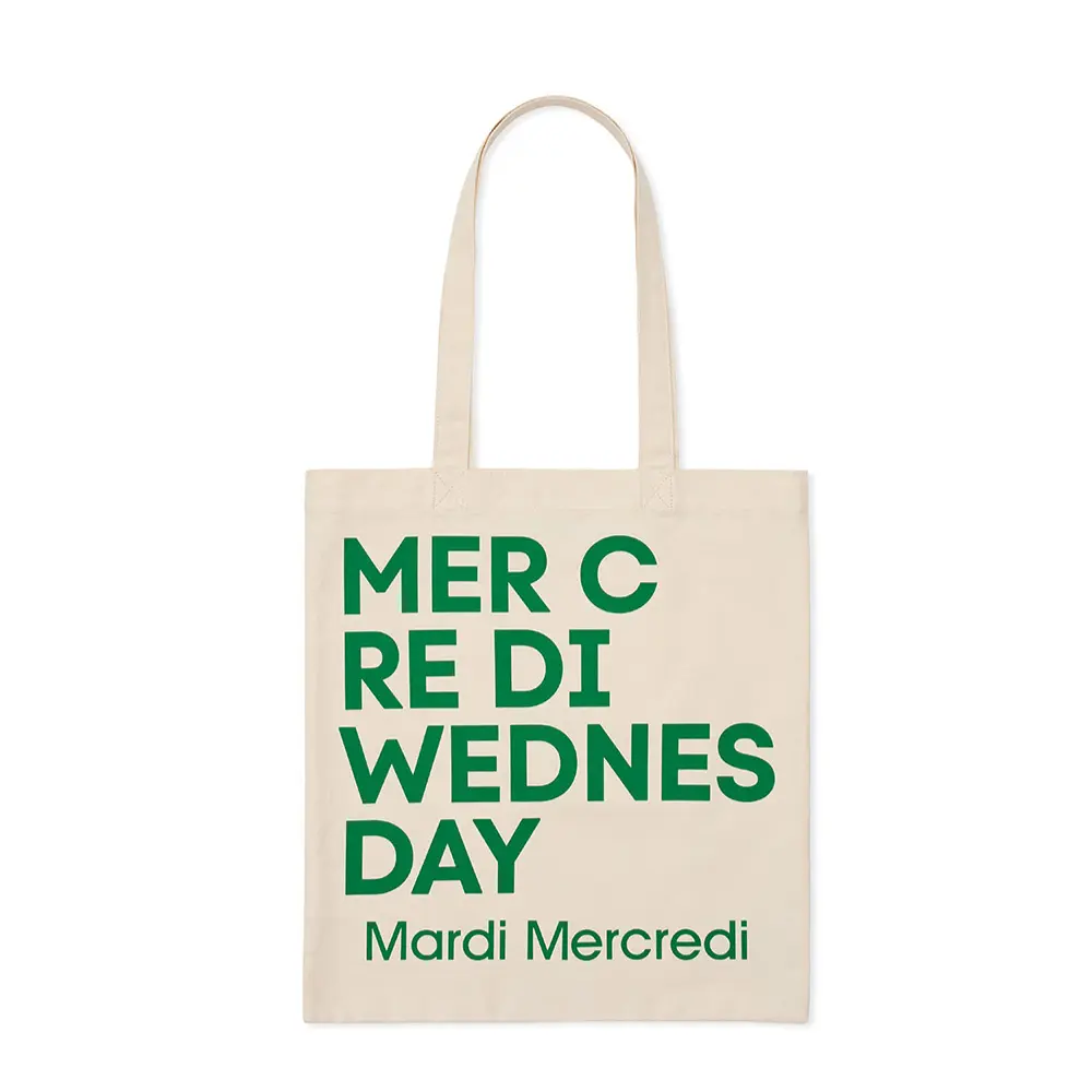 韓國 Mardi Mercredi CANVAS BAG FLOWER DU MERCREDI 韓製 經典字樣帆布托特包 奶油/綠色