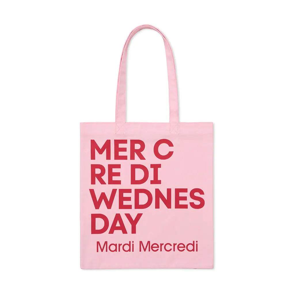 韓國 Mardi Mercredi CANVAS BAG FLOWER DU MERCREDI 韓製 經典字樣帆布托特包 淺粉/紅色