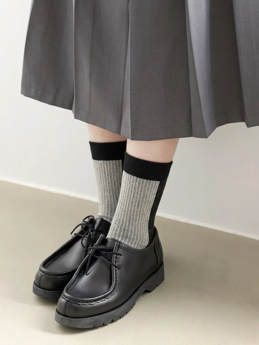 日本 Tabio 混毛金紗雙色緹花長筒襪/ 12/ Black