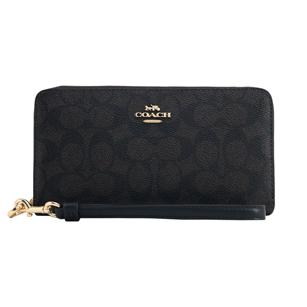 COACH 緹花logo拉鍊手掛式長夾(咖啡)/平行輸入