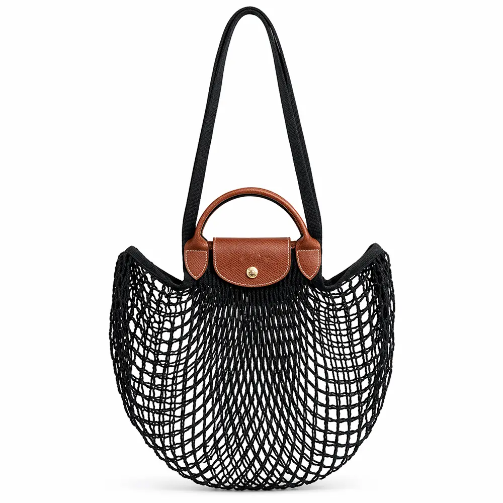 LONGCHAMP LE PLIAGE FILET系列網狀棉質手提/肩背兩用包(大/多色選)/平行輸入/ 黑