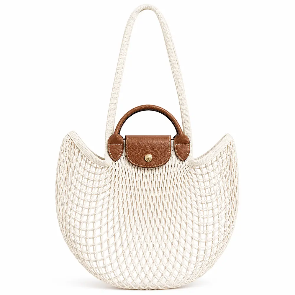 LONGCHAMP LE PLIAGE FILET系列網狀棉質手提/肩背兩用包(大/多色選)/平行輸入/ 亞麻
