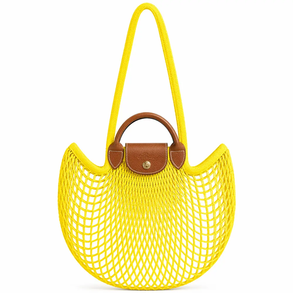 LONGCHAMP LE PLIAGE FILET系列網狀棉質手提/肩背兩用包(大/多色選)/平行輸入/ 檸檬黃