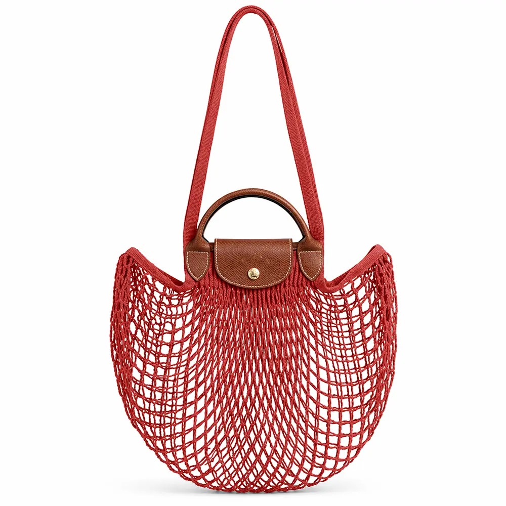 LONGCHAMP LE PLIAGE FILET系列網狀棉質手提/肩背兩用包(大/桃花心木)/平行輸入