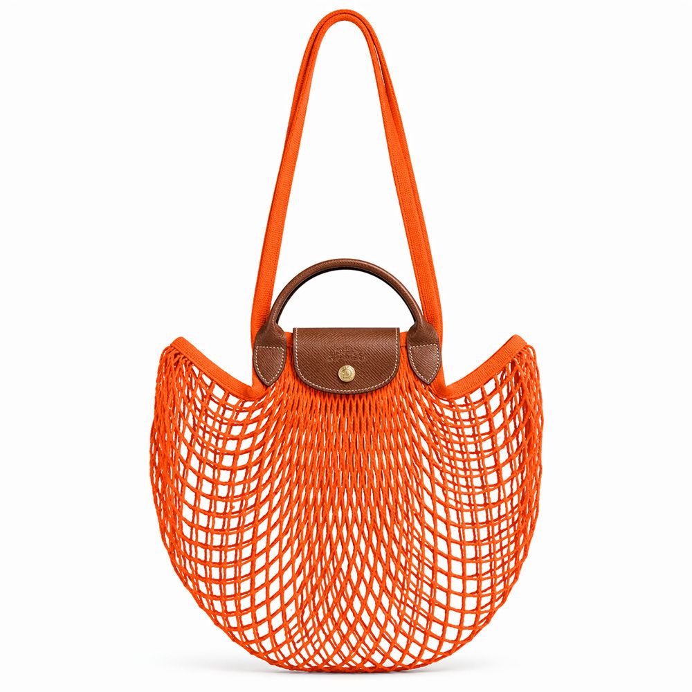 LONGCHAMP LE PLIAGE FILET系列網狀棉質手提/肩背兩用包(大/多色選)/平行輸入/ 柳橙