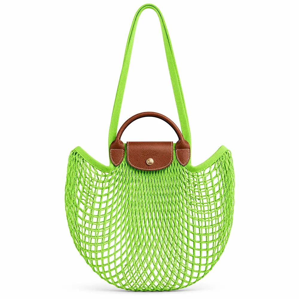 LONGCHAMP LE PLIAGE FILET系列網狀棉質手提/肩背兩用包(大/亮綠)/平行輸入