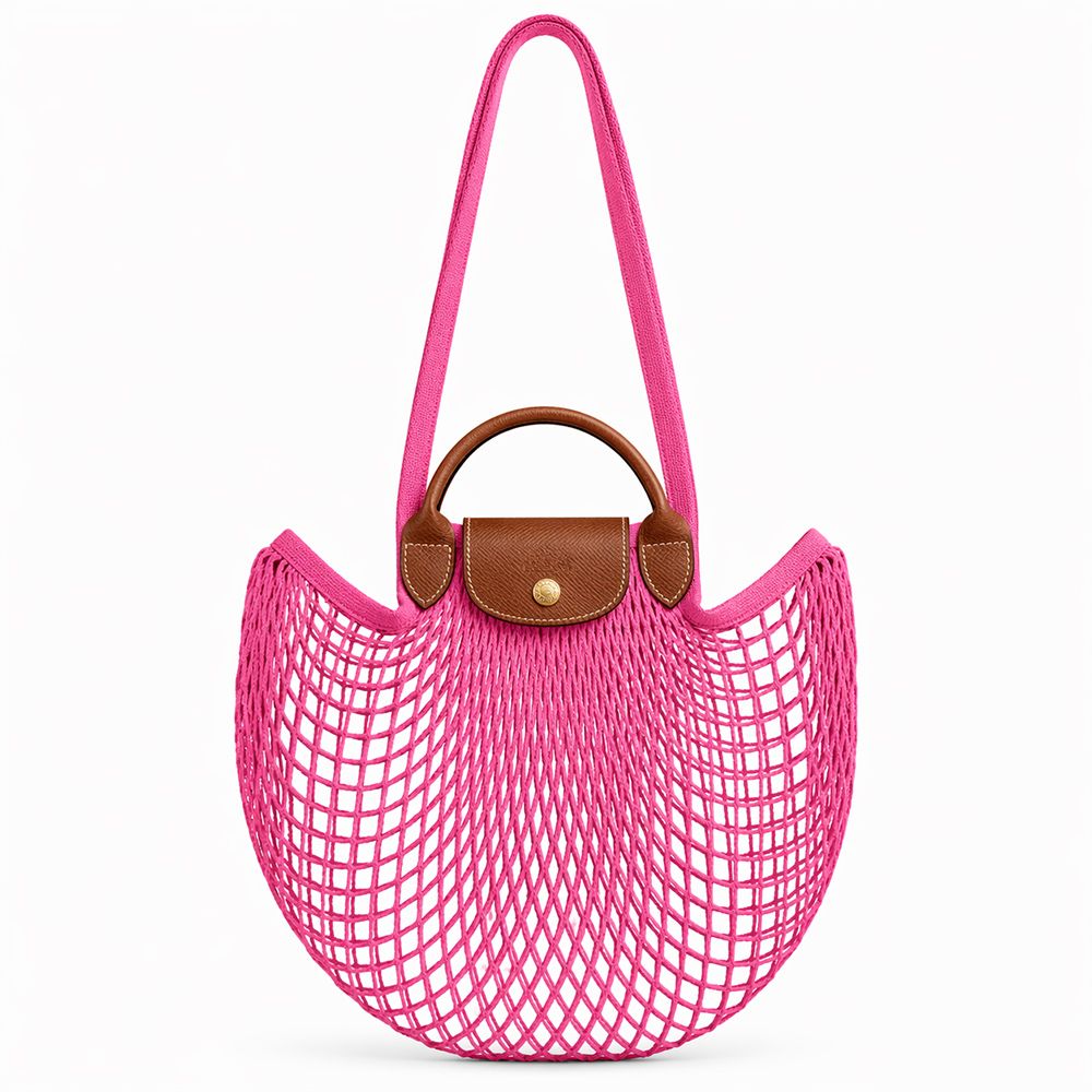 LONGCHAMP LE PLIAGE FILET系列網狀棉質手提/肩背兩用包(大/多色選)/平行輸入/ 糖果粉