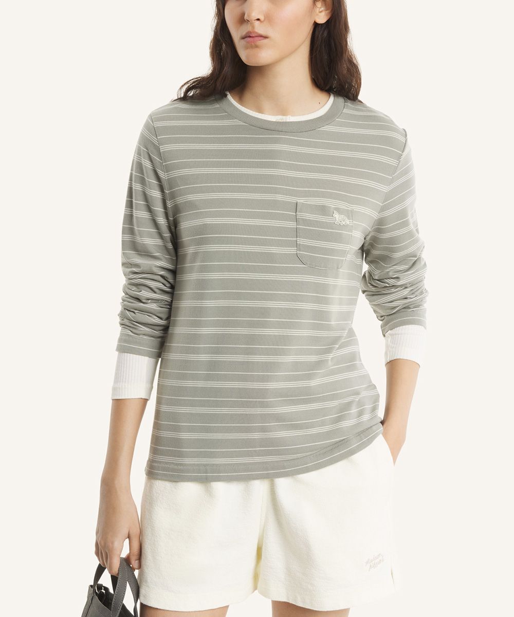 MAISON KITSUNÉ 橄欖灰條紋小狐狸LOGO萊賽爾經典長TEE/女裝/ L