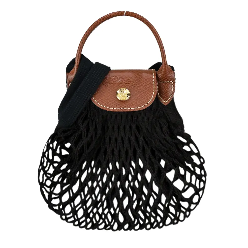 LONGCHAMP LE PLIAGE FILET系列網狀棉質手提/斜背兩用包(迷你/黑)/平行輸入