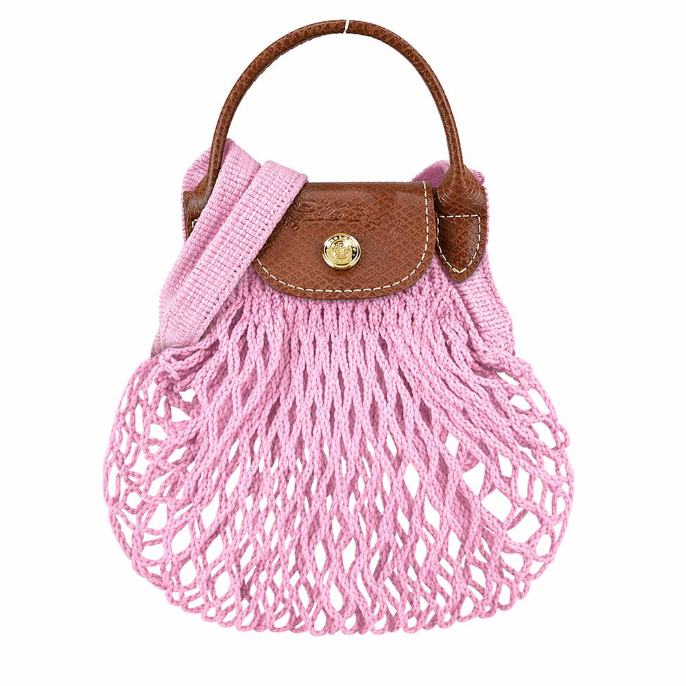 LONGCHAMP LE PLIAGE FILET系列網狀棉質手提/斜背兩用包(迷你/粉紅)/平行輸入