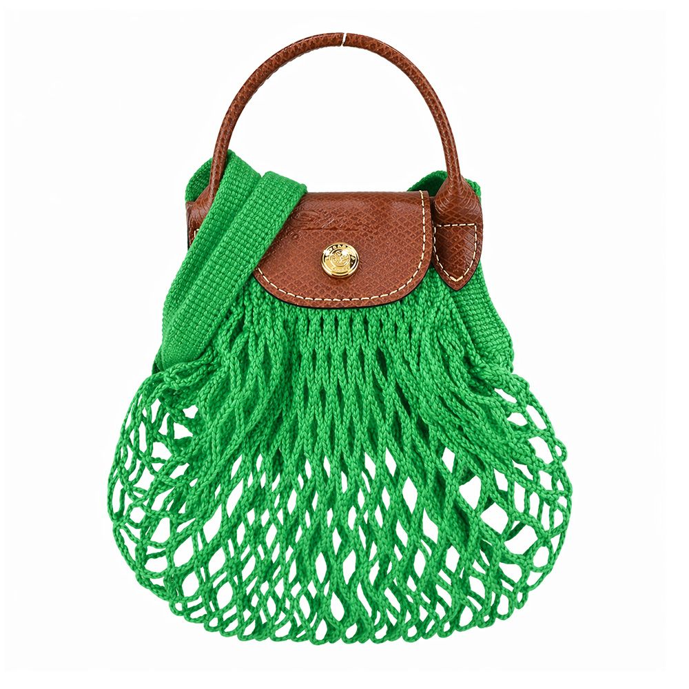 LONGCHAMP LE PLIAGE FILET系列網狀棉質手提/斜背兩用包(迷你/草綠)/平行輸入