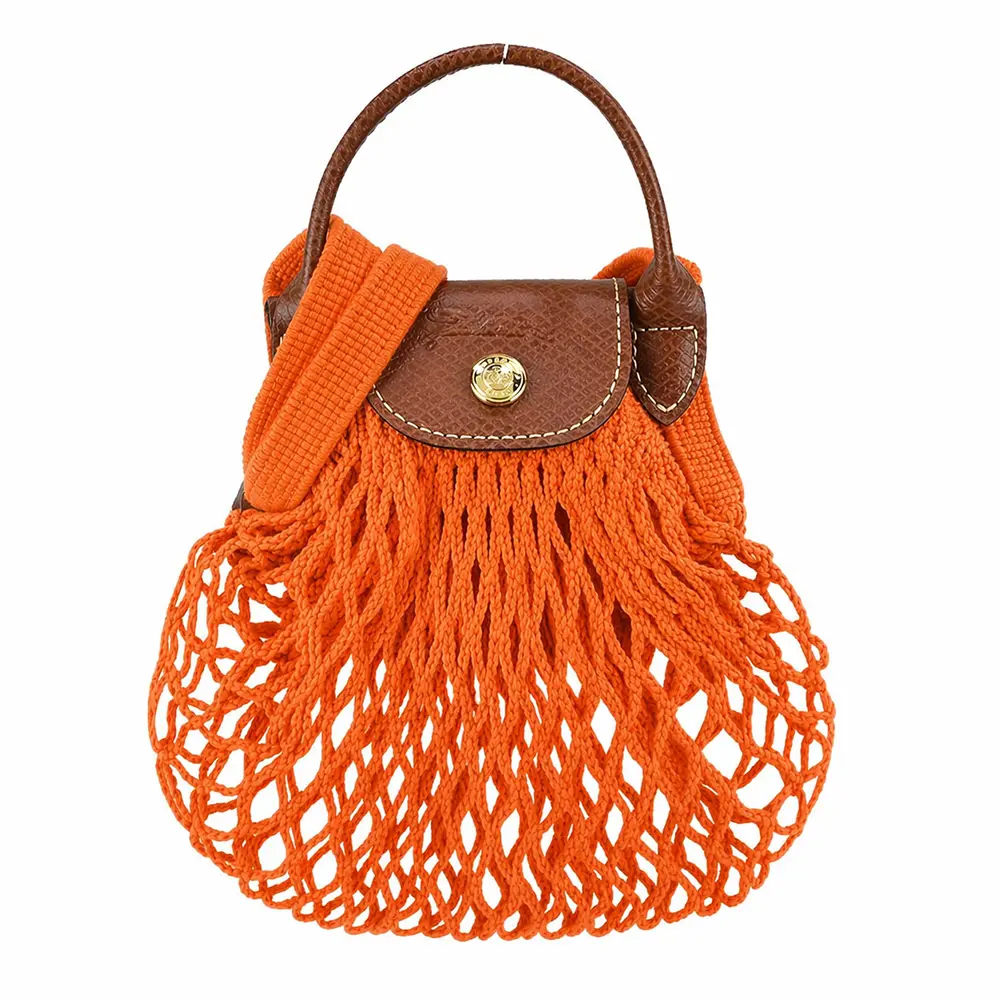 LONGCHAMP LE PLIAGE FILET系列網狀棉質手提/斜背兩用包(迷你/柳橙)/平行輸入