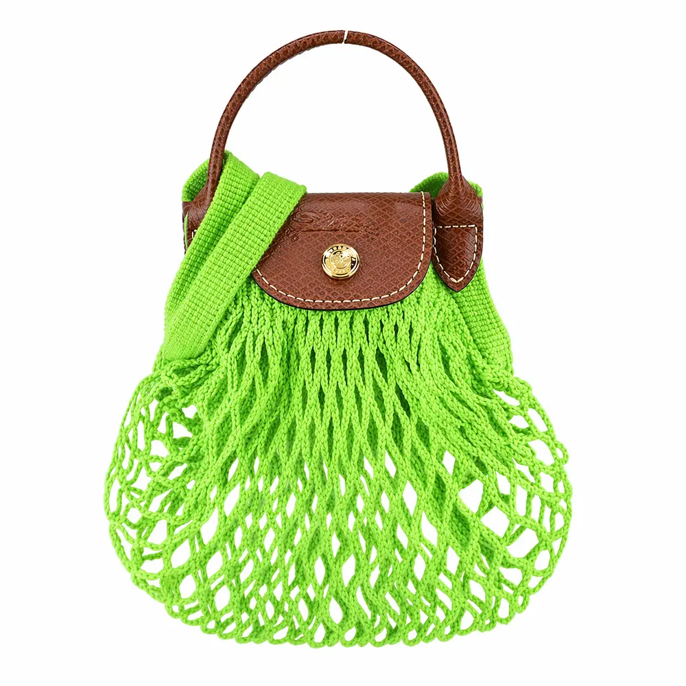 LONGCHAMP LE PLIAGE FILET系列網狀棉質手提/斜背兩用包(迷你/亮綠)/平行輸入