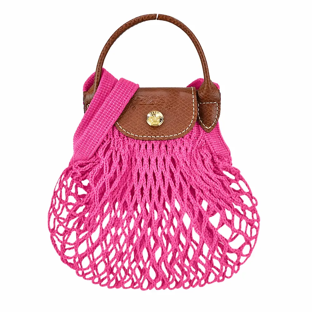LONGCHAMP LE PLIAGE FILET系列網狀棉質手提/斜背兩用包(迷你/糖果粉)/平行輸入
