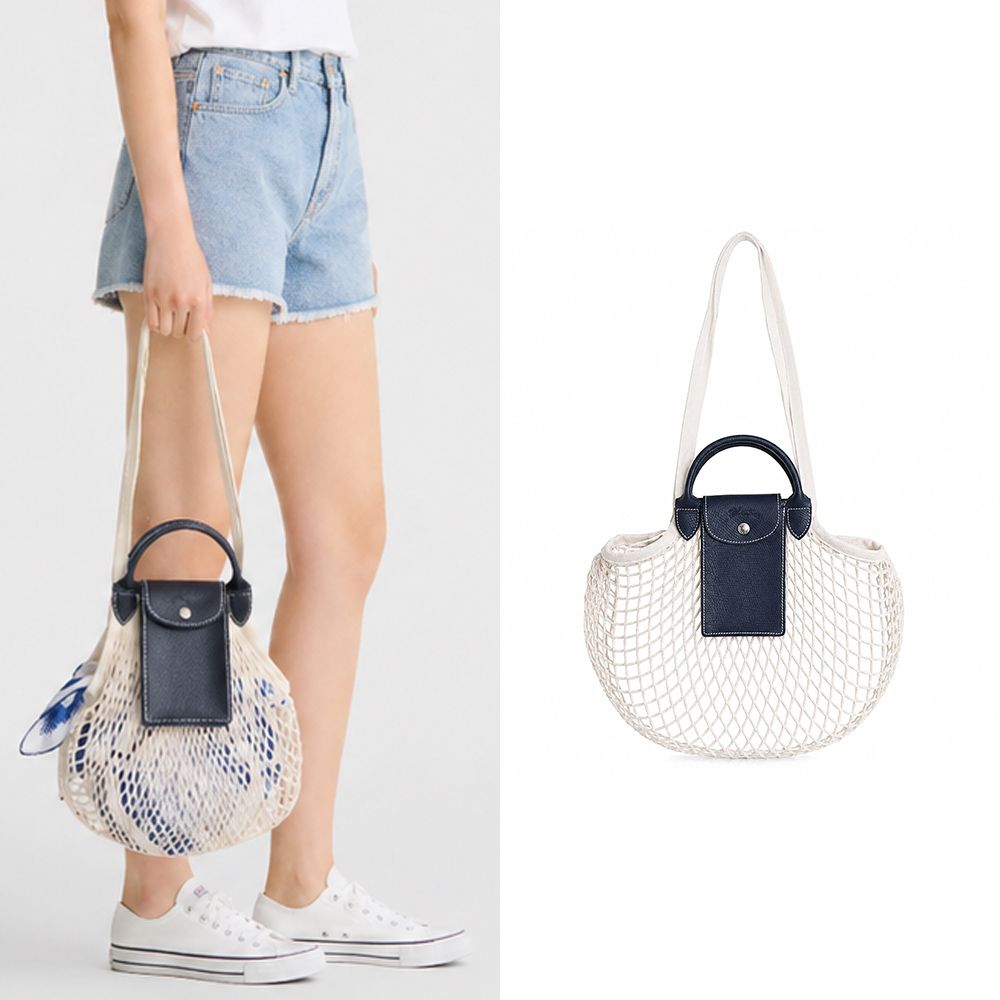 LONGCHAMP LE PLIAGE FILET系列網狀棉質手提/肩背翻蓋兩用包(大/海軍藍)/平行輸入