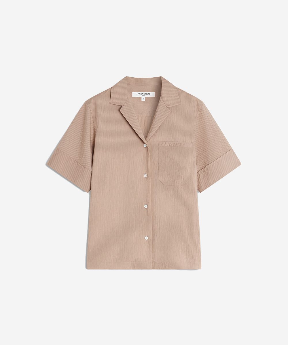 MAISON KITSUNÉ 灰褐色條紋手繪LOGO莫代爾度假襯衫/女裝/ 38