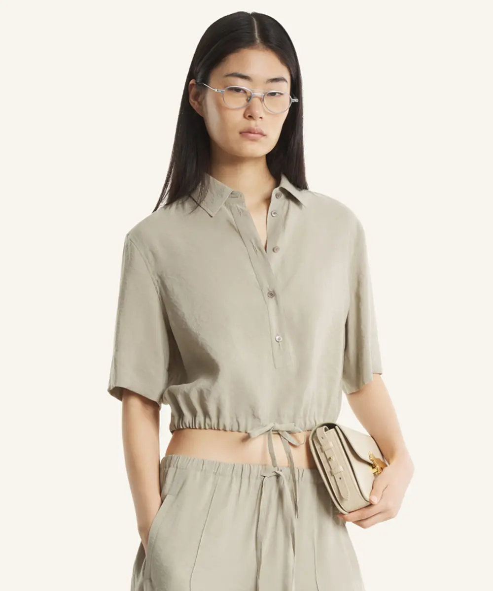 MAISON KITSUNÉ 奶茶棕莫代爾抽繩短版襯衫/女裝/ 38
