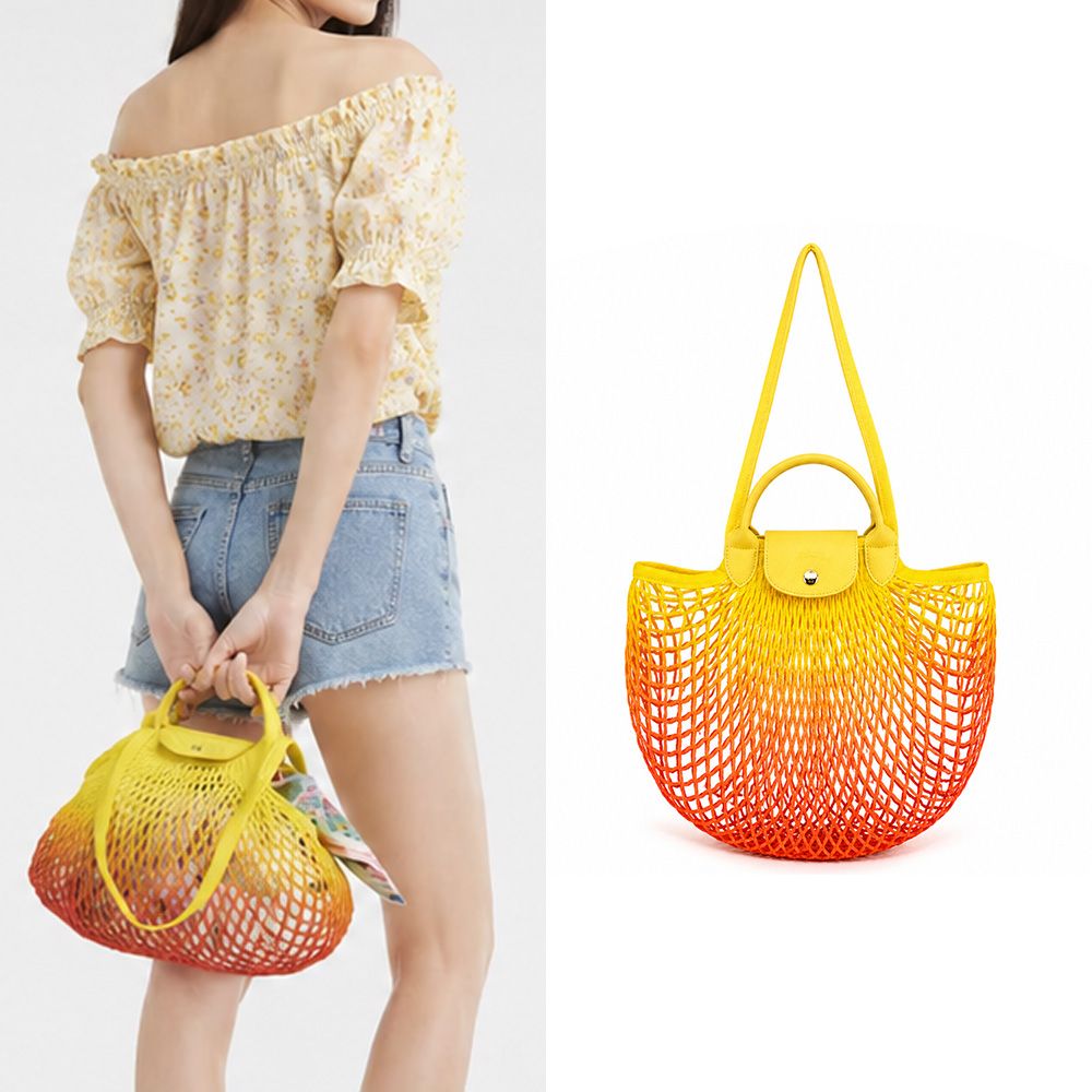 LONGCHAMP LE PLIAGE FILET系列漸層網狀棉質手提/肩背兩用包(黃x橘)/平行輸入