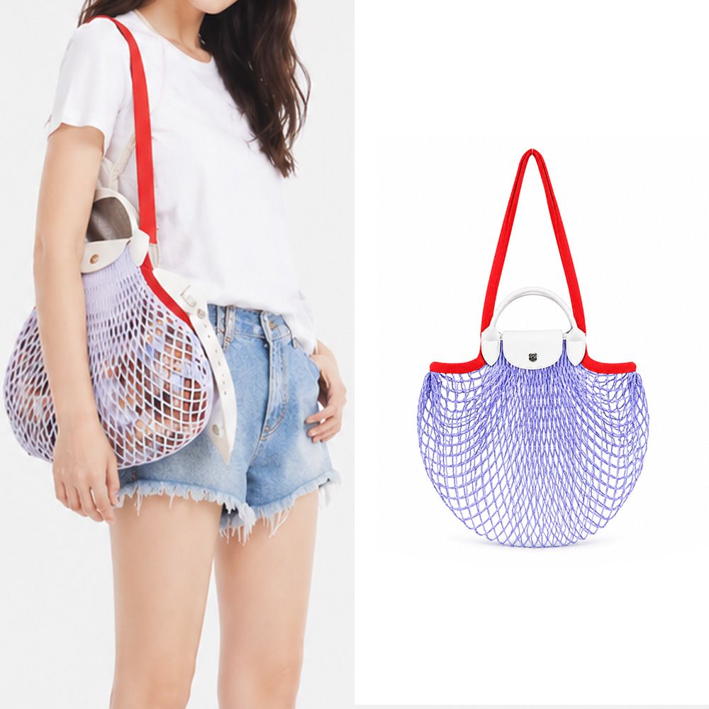 LONGCHAMP LE PLIAGE FILET系列網狀棉質撞色手提/肩背兩用包(大/天藍)