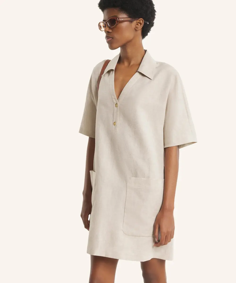 MAISON KITSUNÉ 夏威夷果色亞麻混紡迷你POLO洋裝/女裝/ 38