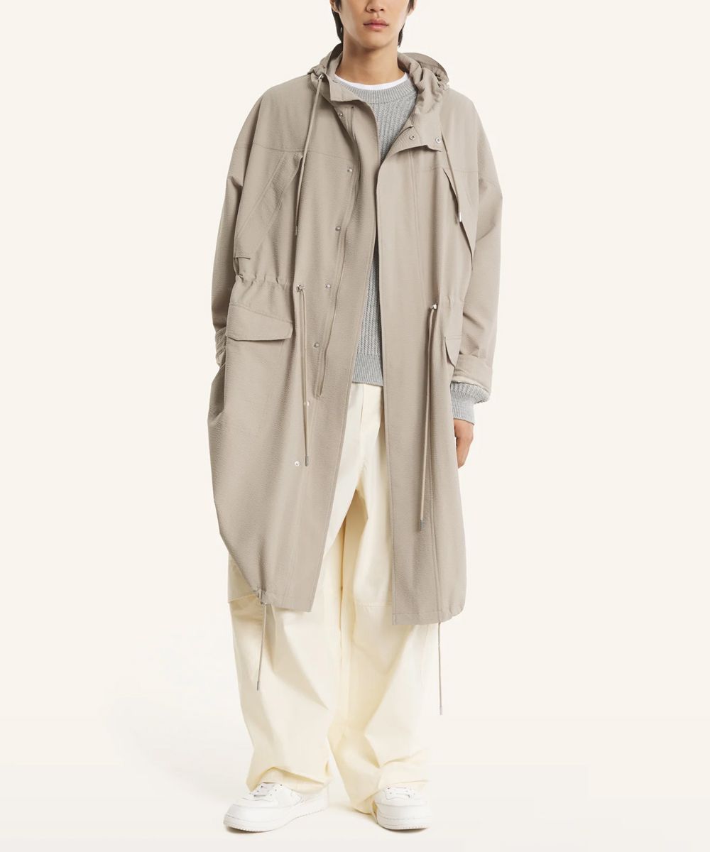 MAISON KITSUNÉ 灰麻色防潑水水波紋皺褶輕量派克大衣/中性/男裝/ M