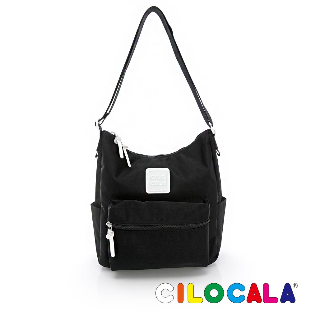 CILOCALA 亮彩尼龍防潑水桶型斜背包/ 黑色