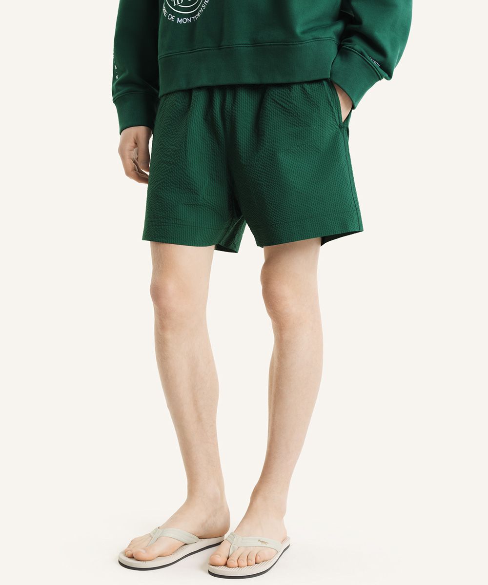 MAISON KITSUNÉ 墨瓶綠水波紋皺褶海灘褲/中性/男裝/ XL