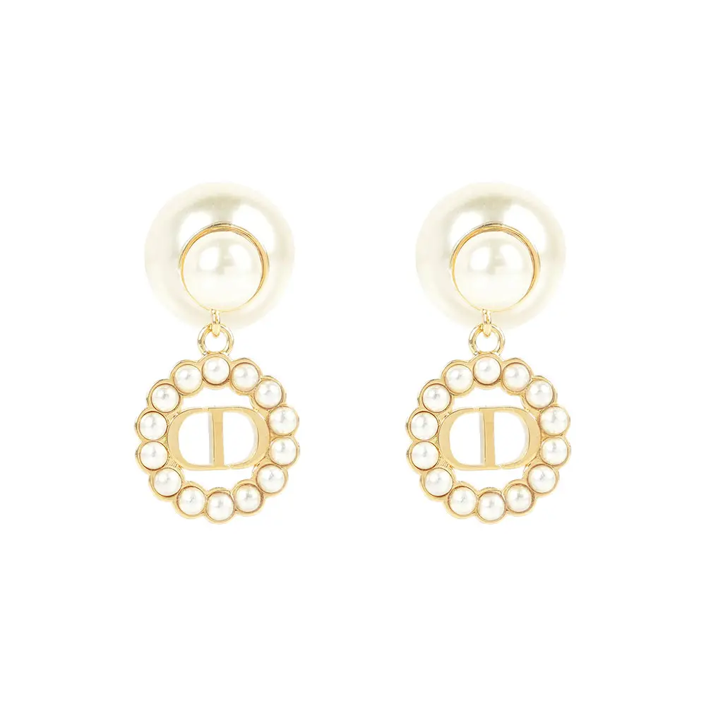 【Dior】Tribales 度假系列垂墜珍珠耳環(白色/金色)/ 平行輸入