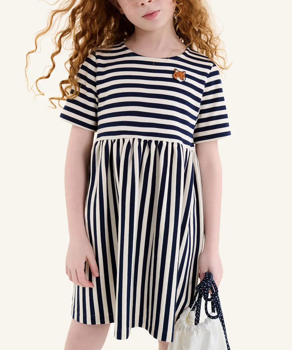 MAISON KITSUNÉ 海軍藍條紋狐狸頭LOGO兒童洋裝/ 45