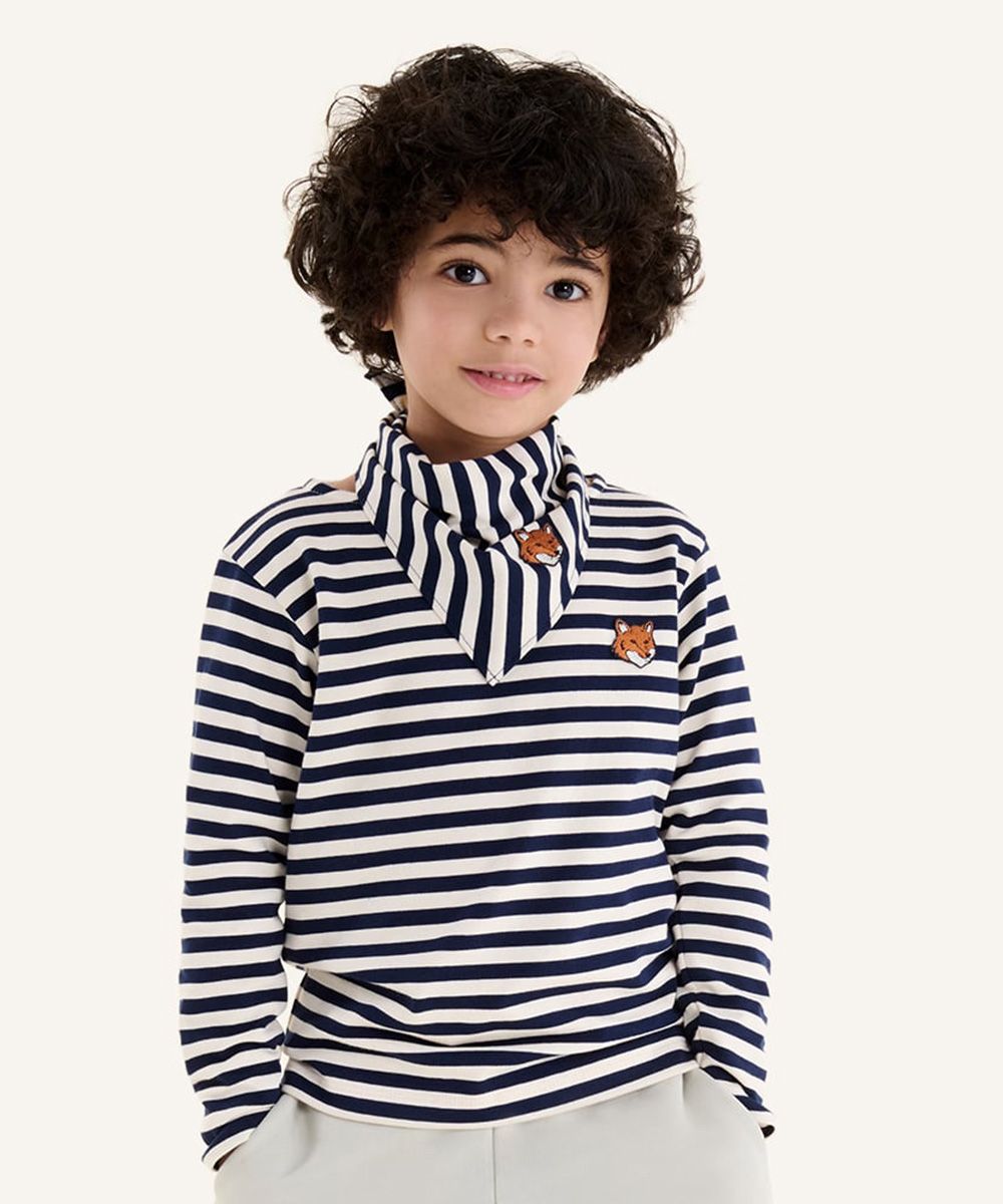 MAISON KITSUNÉ 海軍藍條紋狐狸頭LOGO兒童長TEE/ 45
