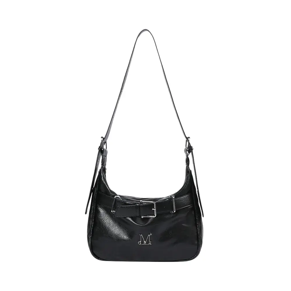 韓國 MUCENT MONIC METAL LOGO FRONT BELTED LEATHER SHOULDER BAG 金屬Logo腰帶造型皮革肩背包 黑色Black