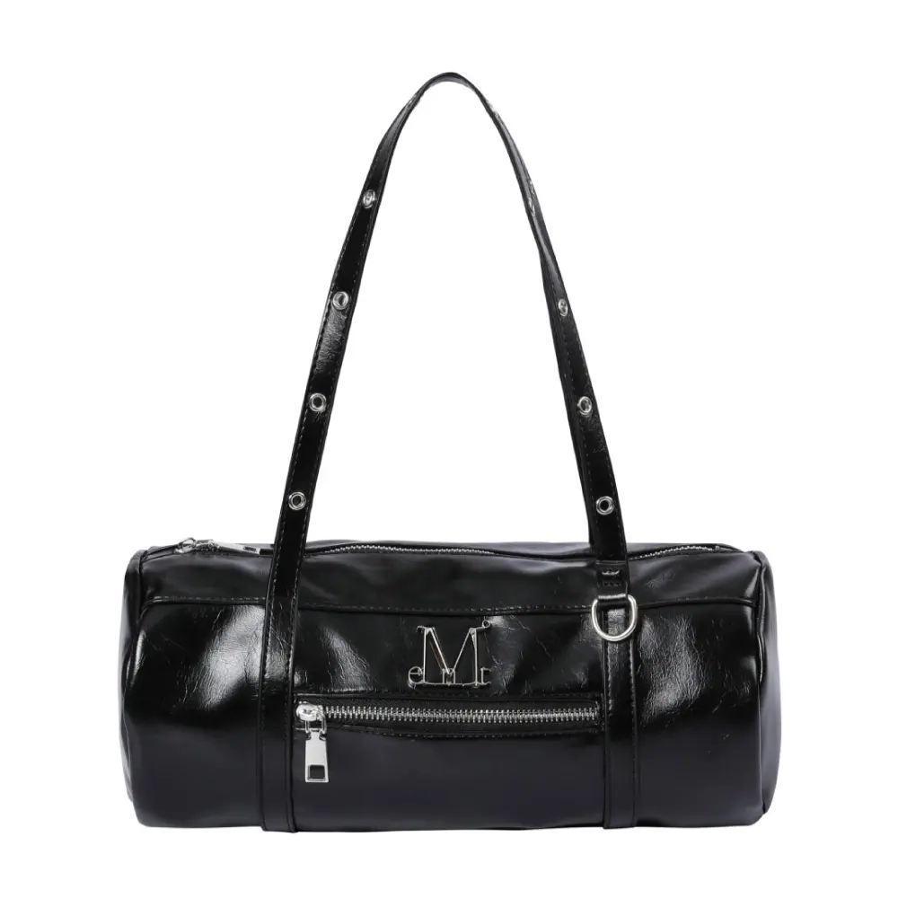 韓國 MUCENT NOX METAL LOGO EYELET STRAP SHOULDER BAG 金屬Logo孔眼背帶圓筒肩背包 黑色Black