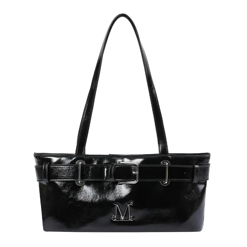 韓國 MUCENT SENTIC METAL LOGO FRONT BELTED LEATHER SHOULDER BAG 金屬Logo腰帶皮革質感肩背包 黑色Black