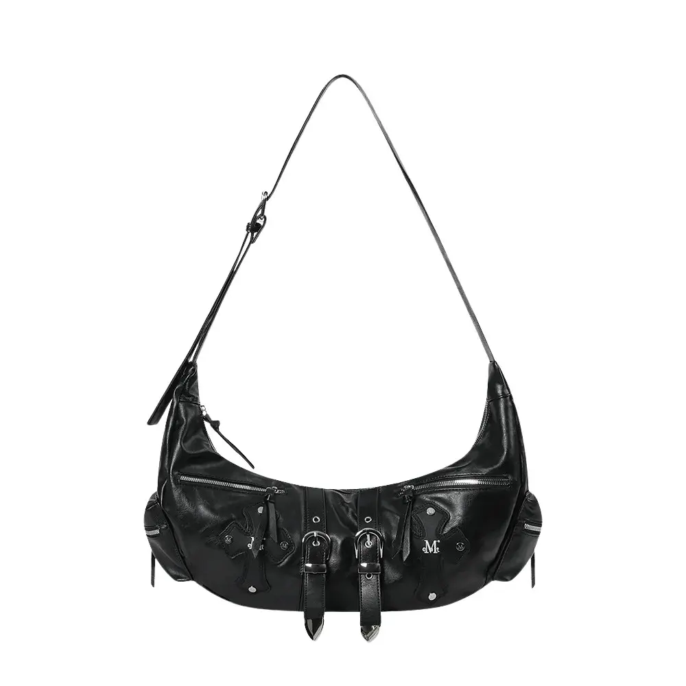 韓國 MUCENT STRUM CROSS LEATHER BELTED SHOULDER BAG 十字皮革標牌皮帶造型肩背包 黑色Black