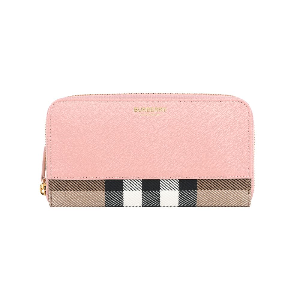 【BURBERRY】牛皮及格紋帆布飾邊ㄇ形拉鍊長夾(灰粉色)/ 平行輸入