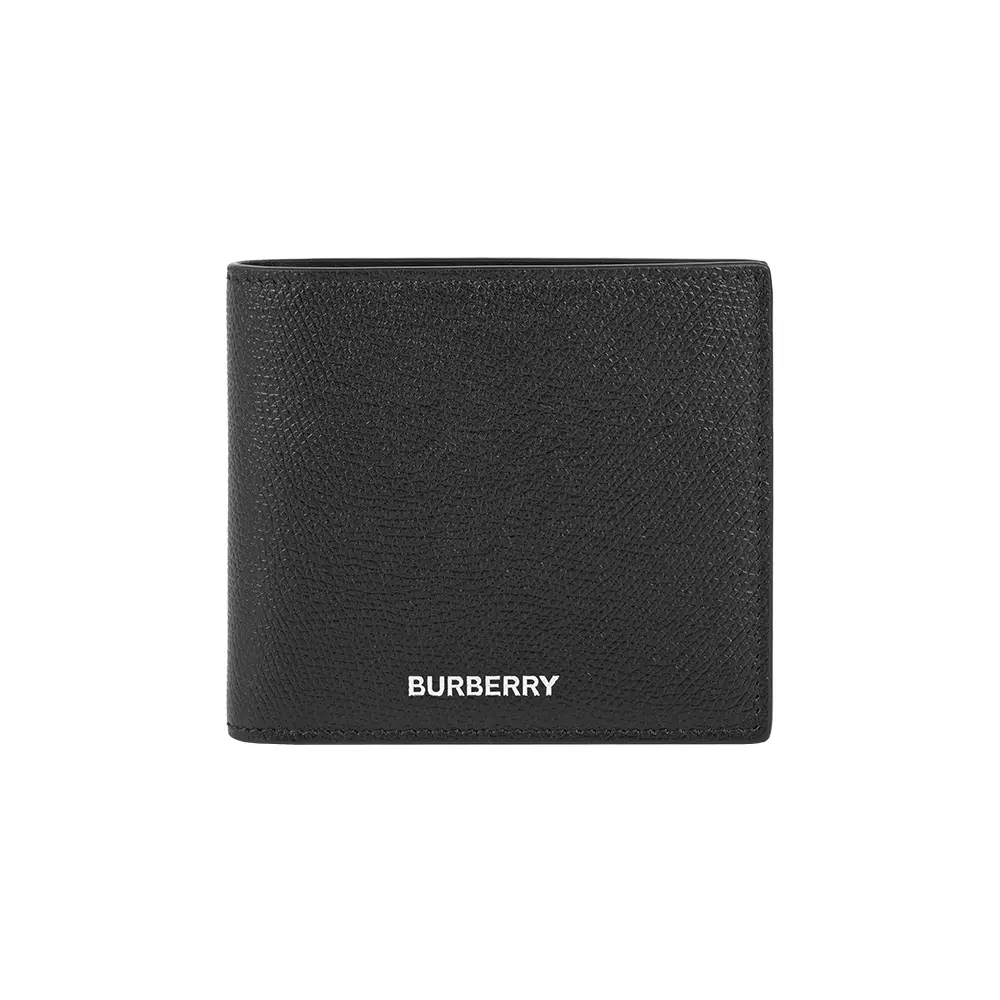 【BURBERRY】銀字燙印Logo 牛皮對開8卡短夾(黑色)/ 平行輸入