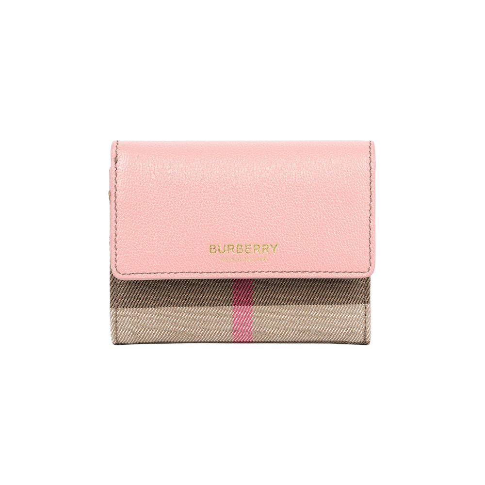 【BURBERRY】Lancaster 牛皮及帆布格紋三折短夾(灰粉色/棕色)/ 平行輸入