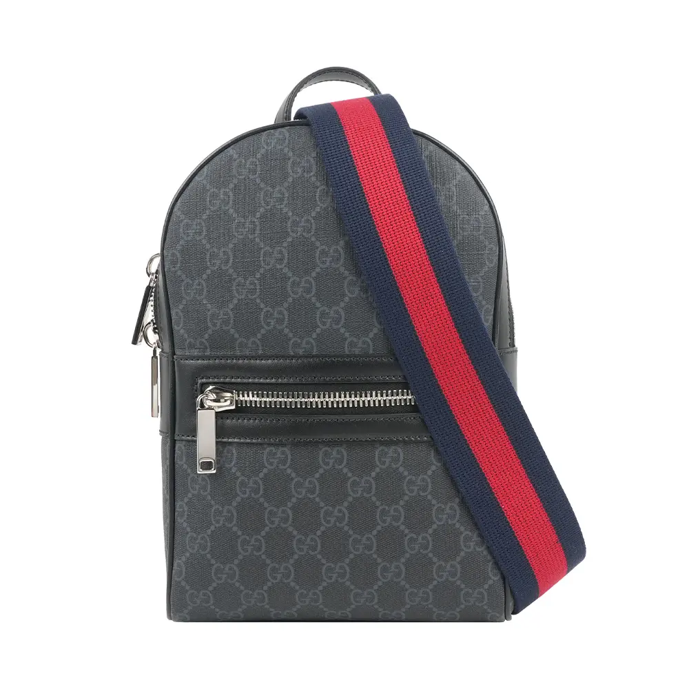 【GUCCI】GG 塗層帆布藍紅織帶口袋拉鏈胸口包(黑灰色)/ 平行輸入