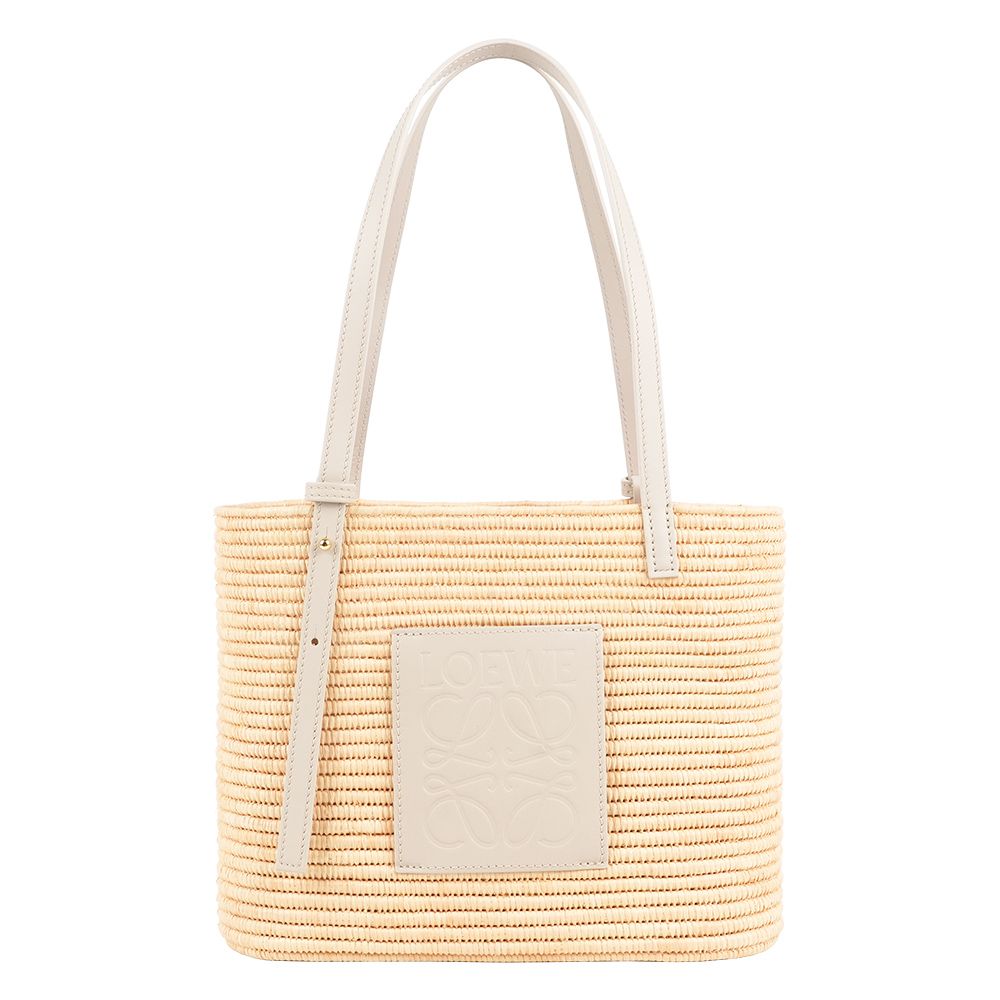 【LOEWE】Logo 小牛皮壓印及酒椰纖維小款方型肩背包/手提包(淺燕麥色)/ 平行輸入