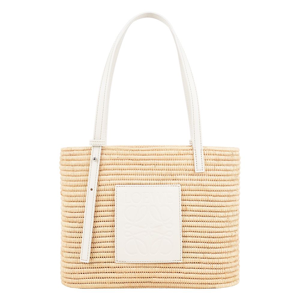 【LOEWE】Logo 小牛皮壓印及酒椰纖維小款方型肩背包/手提包(白色)/ 平行輸入