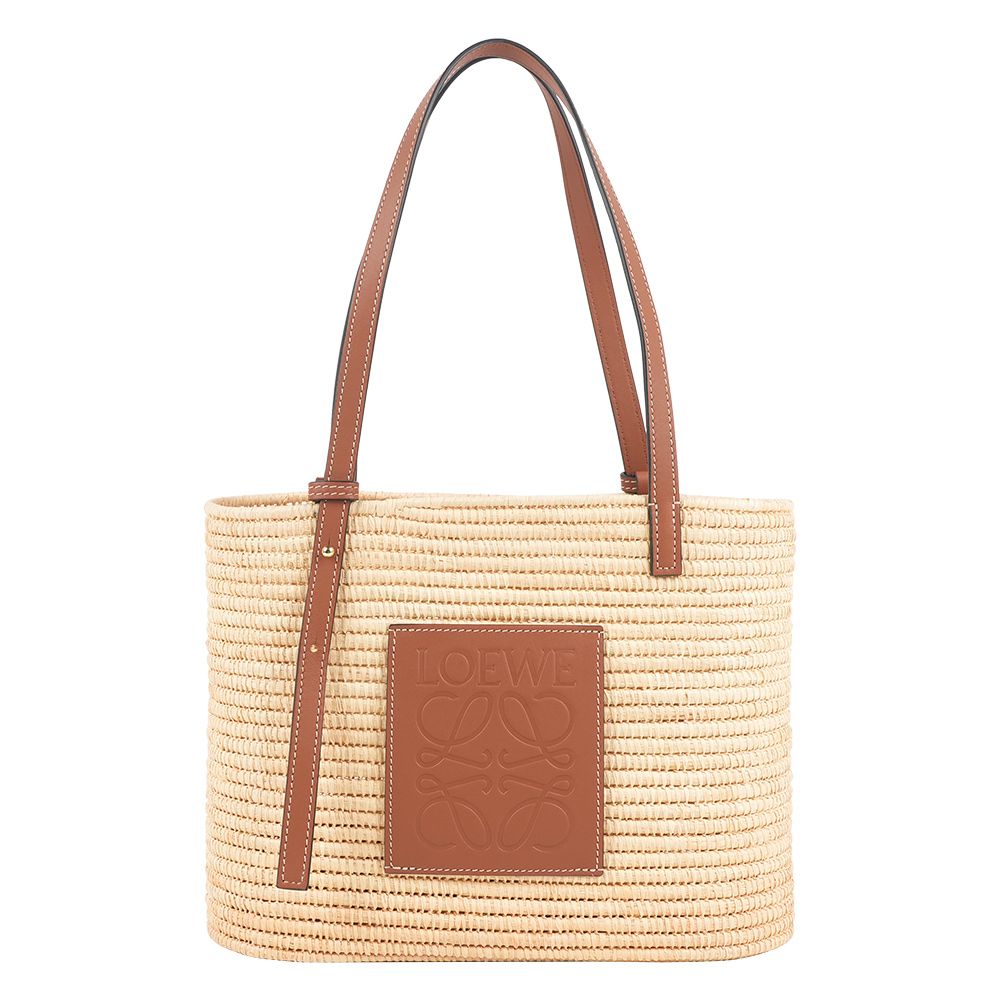 【LOEWE】Logo 小牛皮壓印及酒椰纖維小款方型肩背包/手提包(棕褐色)/ 平行輸入