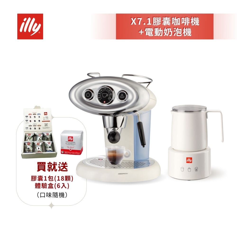加碼送好禮【illy 意利】復古大眼機 膠囊咖啡機 白色+電動奶泡機組合 (X7.1)