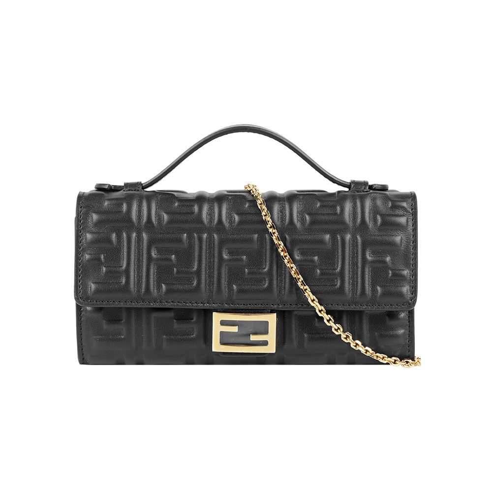 【FENDI】Baguette FF 浮雕小羊皮二用鍊包(黑色)/ 平行輸入