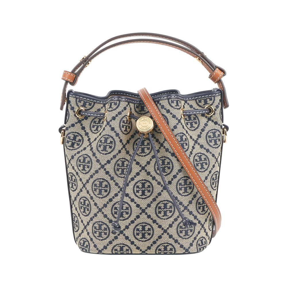 【TORY BURCH】T Monogram 經典緹花帆布迷你二用水桶包(海軍藍)/ 平行輸入